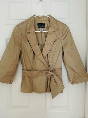 Alex Evenings Tan Satin Wrap Blazer with Jeweled Buckle